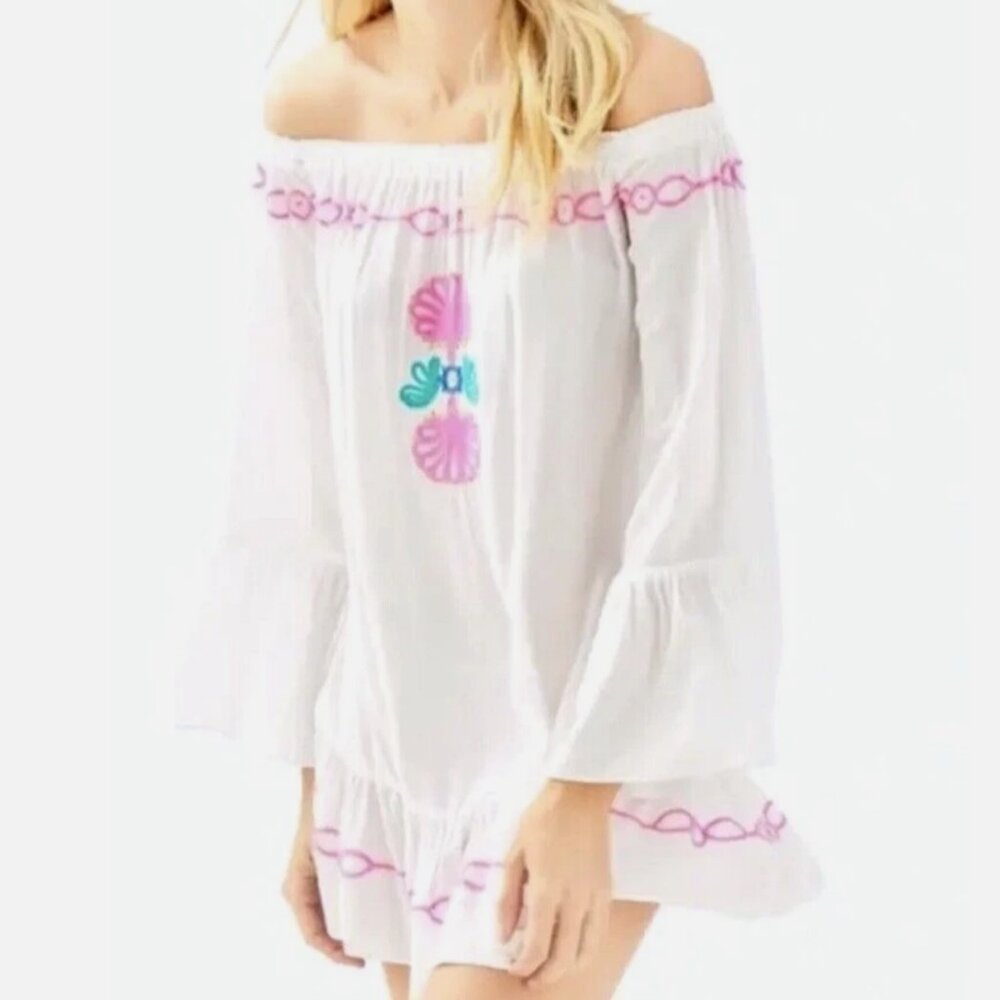 Lilly Pulitzer Nemi Embroidered Tunic Off Shoulder Coverup - Picture 3 of 12